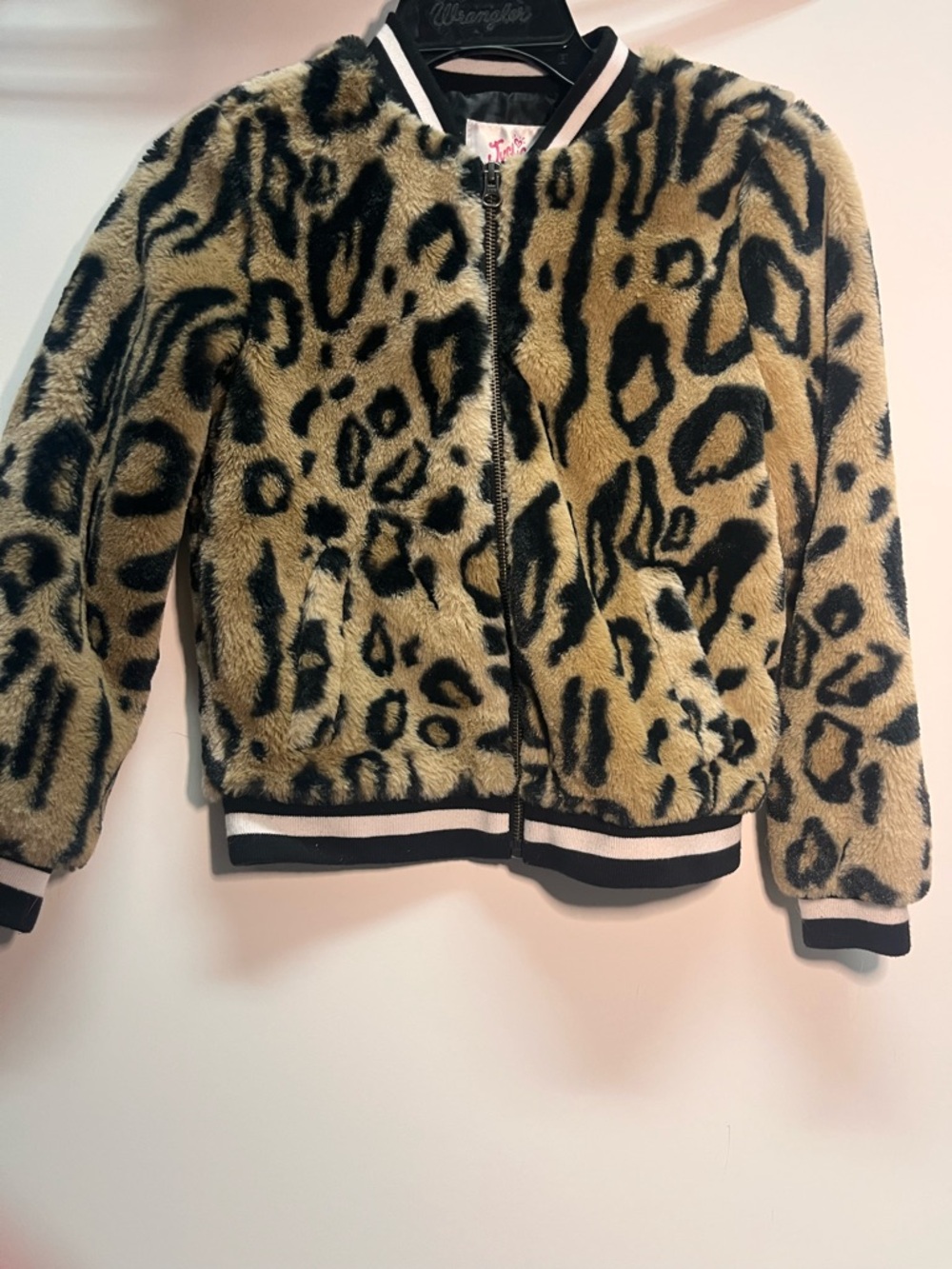 Justice Girls' Faux Fur Leopard Bomber Jacket - Black & Tan